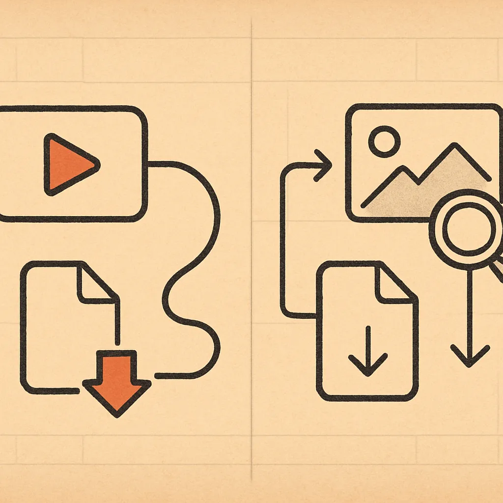 Illustrated Pinterest media diagnosis board showing video and image download paths
