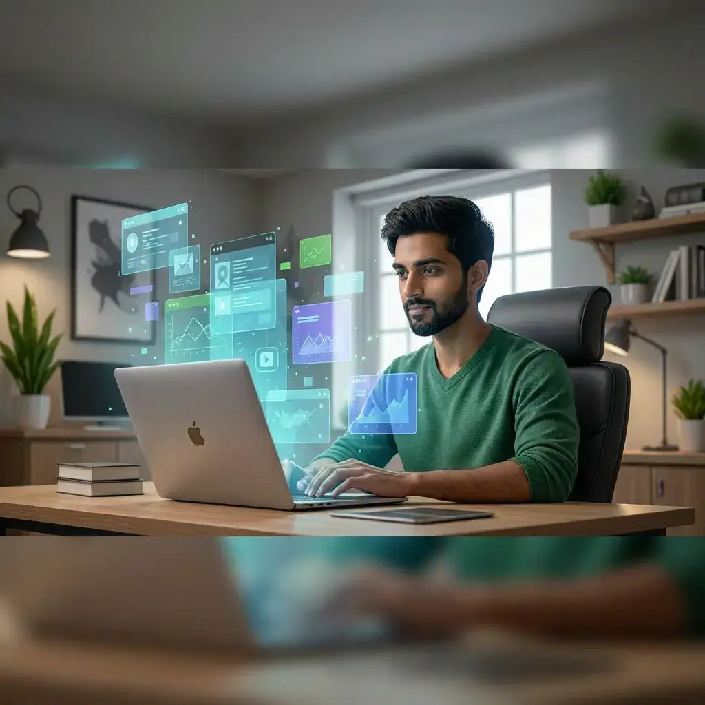Uomo indiano che risolve problemi con il download di video YouTube su un laptop