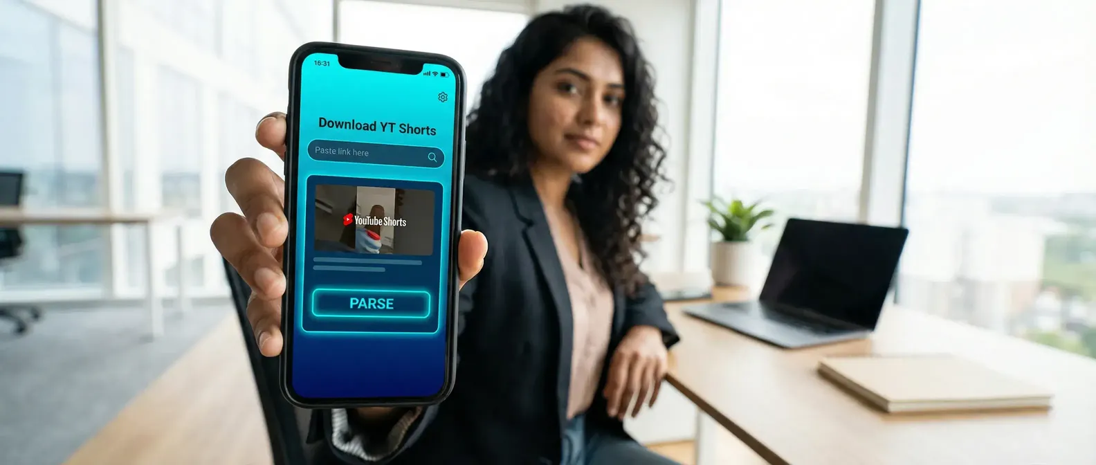 Mulher indiana segurando um telefone enquanto verifica um clipe de YouTube Shorts em uma mesa clara